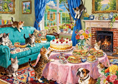 Puzzles 500 Pieces for Adults jigsaw puzzles for adults 500 Piece Puzzle Classic Educational Games Beautiful Decoration Puzzle for Women Gifts for Men-Cute Kittens Family Tea Time