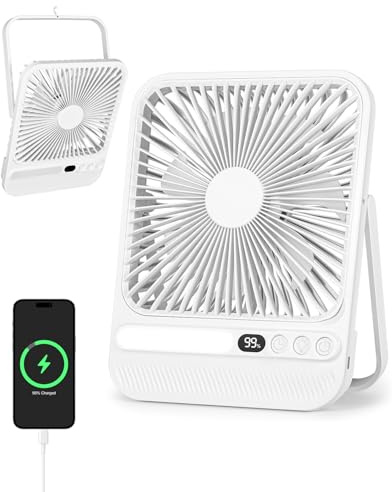 7-Zoll tragbarer Ventilator mit Licht, bis zu 28 Std. Laufzeit, 3,6 cm ultraschlank, 42 dB, 4,5 m/s, 180° neigbar, wiederaufladbarer Tischventilator mit LED-Anzeige für Camping, Büro, Schlafzimmer