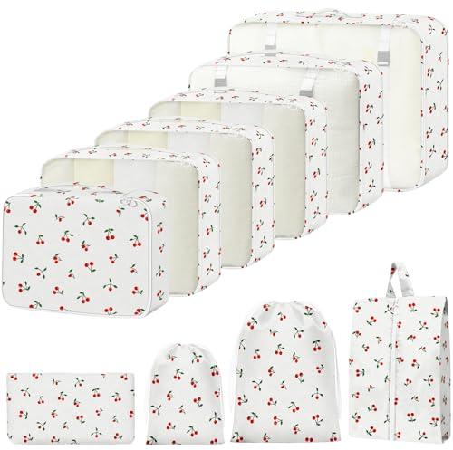 Resväska arrangör set, 10 stycken packningskuber för resväska resetillbehör bagageorganisatör set klädväskor packkub kosmetika researrangör packväskor för resväskor körsbär