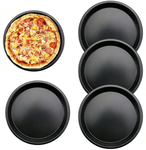 4 bandejas pequeñas para pizza, redondas, de 15 cm de diámetro, acero inoxidable, con revestimiento antiadherente, para pizza, mini platos para pizza, juego para hornear tartas, pizza, queso (negro)