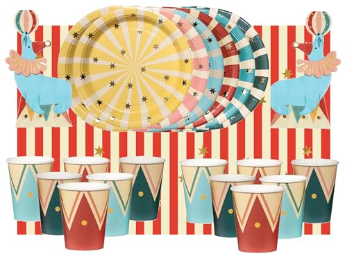Libetui Zirkus Partygeschirr Set für Kindergeburtstag, 37 teilig | Circus Geschirrset für Kindergeburtstag mit Tellern, Bechern, Servietten & Tischdecke – Jungen & Mädchen