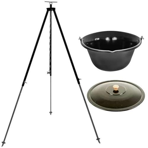 GRILLPLANET ungarischer Gulaschkessel 15 Liter schwarz emailliert mit Deckel | Dreibein-Gestell 150cm Teleskopgestell Kettenhöhenverstellung, Suppentopf mit Deckel | Kesselgulasch Topf im Set