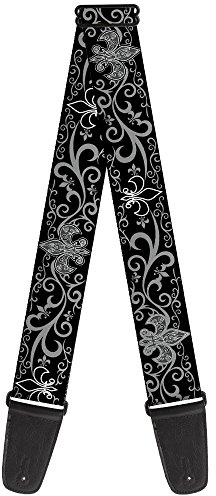 Buckle-Down GS-W30611 Gitarrrem – Fleur-de-Lis med filigran, 5 cm bred & 29-54 tum längd, svart/grå