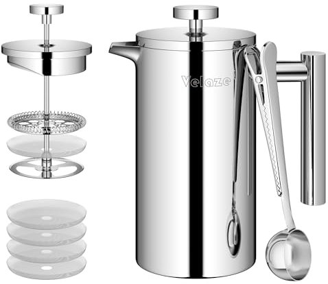 Velaze - Cafetera de émbolo (acero inoxidable, 1 L, para 8 tazas, doble pared, cafetera, con 5 litros recargas, cuchara L