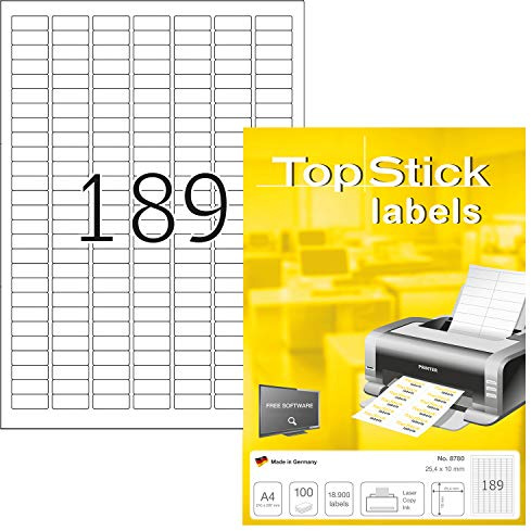 TopStick 8780 universella etiketter A4 mini (25,4 x 10 mm, 100 ark, papper, matt) självhäftande, utskrivbara, permanenta adressetiketter, 18 900 klistermärken, vit