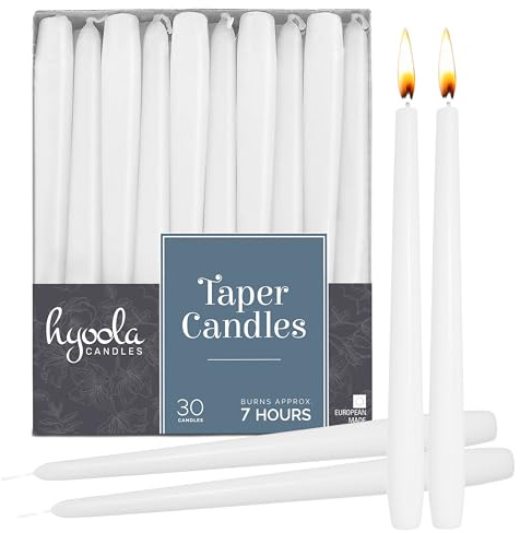 Hyoola Tall Taper Candles - Tapered Candles - White Dripless Candle Sticks - 8 Inch (20cm) - 7 Hour Burn Time (30-Pack)
