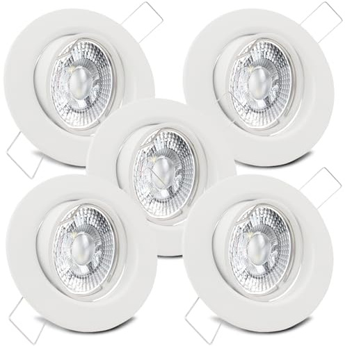 trendlights24 Decora LED Einbaustrahler flach 3 Stufen dimmbar 230V 5er Set | Weiß, rund, extra flach, 35mm ET, LED-Spot, 5W, 3 Step dimmbar, Neutralweiß, 4000k, austauschbar, Deckenspot, schwenkbar