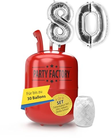 Party Factory – Helium Gasflasche 200L im Set mit XXL Zahlenballon 80 Silber – Partydeko Ballongas Flasche mit Folienballon & 40 m weißer Ballonschnur – Einwegflaschen mit Knick-Füllventil