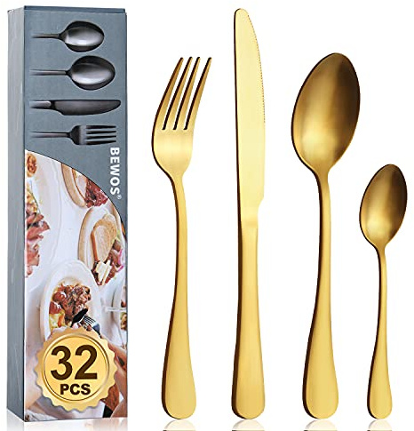 Cutlery Set, BEWOS 32 Piece Stainless Steel Matt Gold Flatware Set, Tableware Silverware Set with Spoon Knife and Fork Set, Service for 8, Dishwasher Safe/Easy Clean
