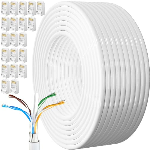 MEIPEK Cable Ethernet 100m, Cat 6 Rj45 Blindé Gigabit Câble Réseau Extérieur Anti-Brouillage Résistant aux Intempéries Lan Internet Blanc FTP 23AWG 100 Mètres pour Modem Routeur