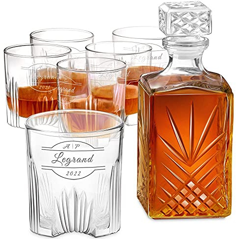 Maverton Carafe whisky et 6 verres gravés - Ensemble en cristal - Cadeau d’anniversaire pour parents - Whisky set avec personnalisation pour couple - Simplicité