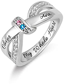 Personalisierte Familie Krawatte Mutterringe mit 2 Birthstones und benutzerdeellem Namen Gravuren Versprechen Ring Birthstone Ring 925 Sterling Silber Muttertag Geburtstagsgeschenk für Frauen