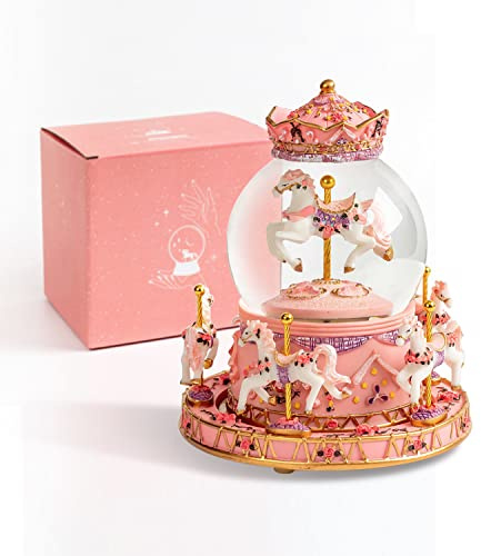 DANVON Presentförpackad karusell häst enhörning leksak musiklåda, snöboll, färgväxling, LED-lampor för kvinnor, barn, baby, flicka, mor, dotter, barnbarn, jul, födelsedag, present (rosa)