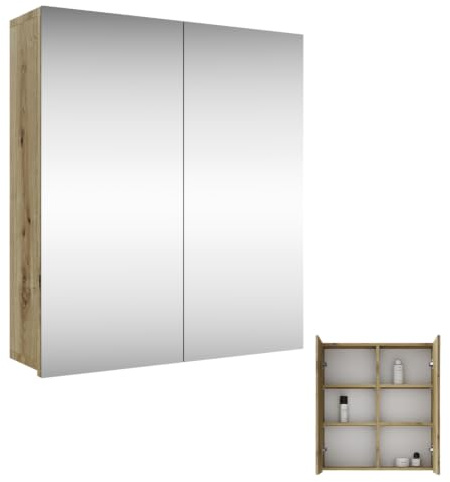 Planetmöbel Merkur Spiegelschrank Bad 60 cm breit | Badschrank hängend, Badspiegel, Artizan Eiche, ohne Leuchte, Spiegelschrank Gäste WC 60x67 x 16 cm