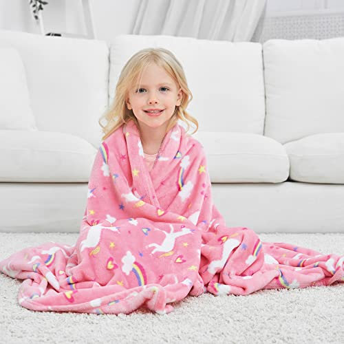 Softan Einhorn-Fleece-Decke für Mädchen - Kinder Decke für Bett, Sofa, Couch - Rosa Flanell für Schule, Geburtstagsgeschenk, 130x150 cm