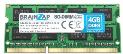 BRAINZAP 4GB DDR3 1333MHz PC3-10600S-09-10-F2 SO-DIMM CL9 2Rx8 1.5V Unbuffered Non-ECC Memoria RAM para portátil Laptop Módulo de Memoria Memory