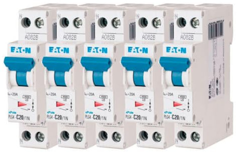 EATON 264747 PLG4-C20/1N - DISJONCTEUR MODULAIRE PH/N - Blanc - MANETTE BLEUE - 1P+N / 20 A - COURBE C - Raccordement à vis - 5 disjoncteurs
