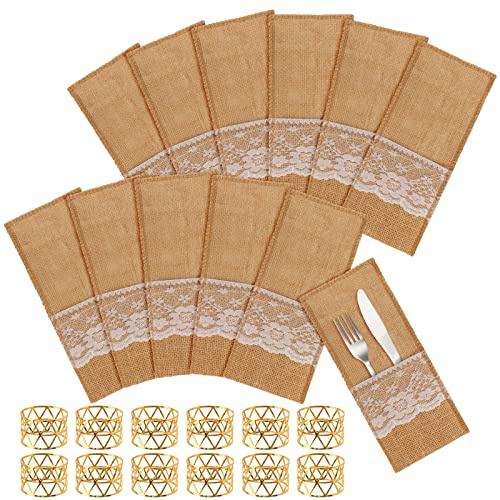 Bubuyun 24Pcs Burlap Lace Utensil Holders, Natural Cutlery Pocket Pouch Holder Knifes Forks for Christmas Dining Anniversary Party Vintage Wedding
