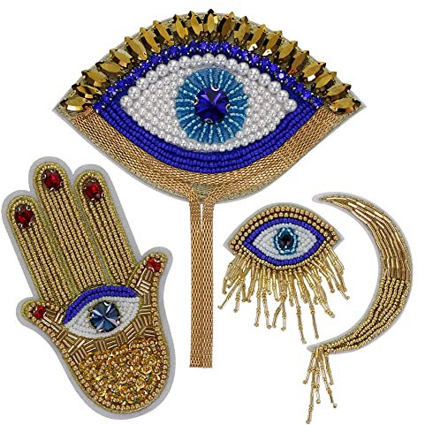 EMDOM Evil Eye Patches Hand Eyes Badges Beaded Crystal Applique Sew on Patch Handwork Art for Brooches Clothes Decorated 1 Set/4 Pieces, Multicolors