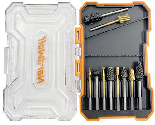 NordWolf 10-Piece Wood Carving Rasp Files Set for Rotary Tools, with 1/8 Straight Shank for Woodworking, Deburring, Shaping & Grooving in Storage Case
