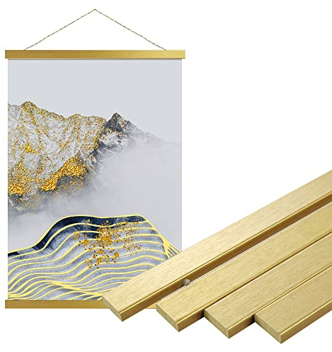 Bluesun 12 inch Magnetic Poster Hanger Frame, 12x16 12x18 12x24 Magnet Canvas Artwork Print Dowel Poster Hangers Frames Hanging Kit(12 inch, Gold)