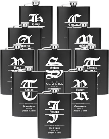 Flasques a Alcool Personnalisées 227ml 304 en Acier Inoxydable, Lot de 10 Flasques Gravées Personnalisées pour Garçons D'Honneuret Témoin D'Honneur, Cadeau de demande en Mariage (Noir)