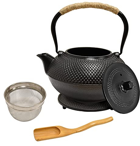 AD.CON Teekanne aus Gusseisen Japanische mit Sieb aus Edelstahl Schwarz 20x20x10cm 1,5L Schwarz