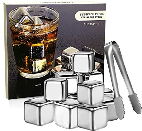 12 Eiswürfel in 304 Edelstahl Eiswürfel, Wiederverwendbare Eiswürfel, Whiskey Steine mit Eiswürfelbox und Eiswürfelzange, Eiswürfel Metall für Wein, Vodka, Liköre, Säfte und Limonade