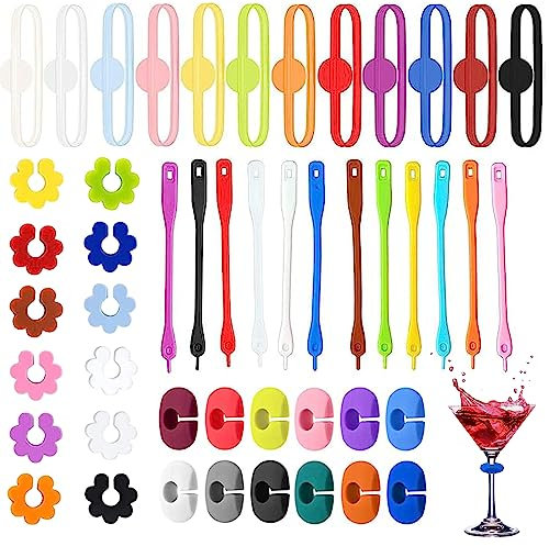 EUDUQ 48 Pezzi Segnabicchieri Silicone,Segna Bicchieri Calici Riutilizzabili,Colorati Identificatore Del Bicchiere di Vino，di Marcatori per Bevande，Adatto per Feste, Bar, Celebrazione delle vacanze