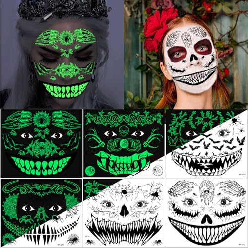 6 Blatt Halloween Gesicht Leuchtende Tattoos, Tag der Toten Totenkopf Skelett Spinne Temporäre Tattoo Aufkleber für Männer Damen Halloween Gruselparty Mottoparty Karneval Maskerade Kostüm Accessoires