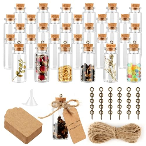 YONGQING 35 Stück Reagenzgläser mit Korken, 10ml Mini-Glasflaschen zum Befüllen - mit Herzanhänger, Karten, Seil, Trichter für DIY, Gewürzgläser, Vorratsgläser