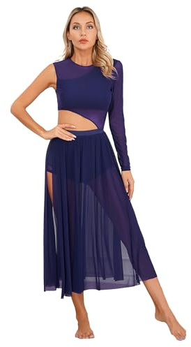 Jowowha Damen Lyrisch Tanzkleid Ballettkleid Langarm Eiskunstlauf Kleid mit Mesh Rock Modern Contemporary Latein Tanzkleid