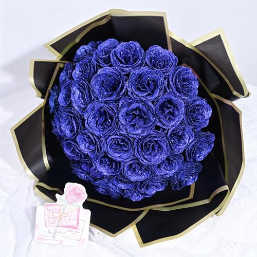 Waipfaru Glitzerrosenstrauß, DIY-Kunstblumenstrauß, Geschenk für Frauen & Mutter, zum Valentinstag, Muttertag, Jahrestag & Abschlussfeier, blaue Rosen, 36 Stück