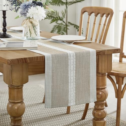 Wracra Coffee Cotton Linen Table Runner, Embroidery Farmhouse Table Runners