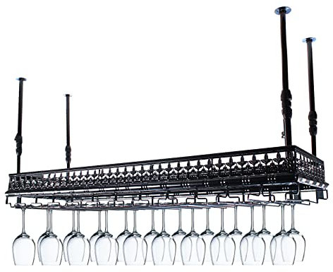 Hängender Weinglashalter, 100 cm Retro umgedrehter Stielglas-Kelch-Weinglashalter, höhenverstellbares Weinregal aus Metall zum Aufhängen von 40 Kelchen für Bars, Restaurants, Küchen (schwarz