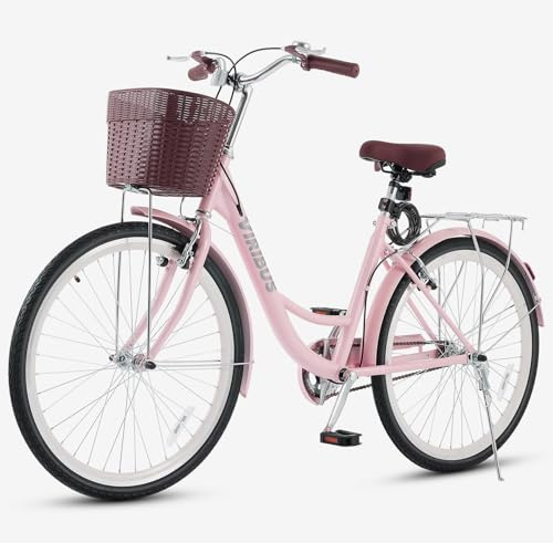 VIRIBUS Beach Cruiser Bike for Women, 26 inch Womens Bike with Basket & Rack 1 Speed, Retro Step Through Cruiser Bicycle for Petite Short Women Female Ladies City Commuter, Pink, 330 lb.
