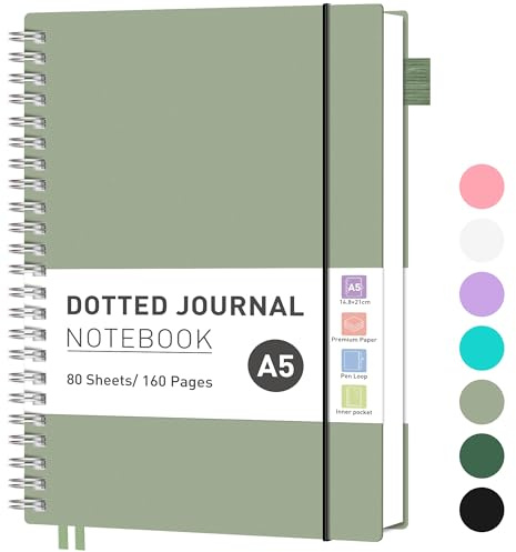 RETTACY Notebook A5 Bullet Dot Journals for Women, Grid Wirebound Spiral Notebook 160 Pages for Writing,PVC Pocket,Pen Loop, Bookmark,for Note Taking School Office Supplies,14.5 x 20.7cm- Light Green
