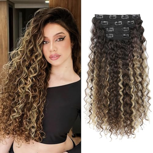 FLUFYMOOZ hair extensions Clip-in-Haarverlängerungen, 4-teilig, 100% reine Proteinseide, Haarverlängerungen, lang, weich, natürlich, 50 cm, lockige Haarverlängerung (Kastanienbraun Mischblond)