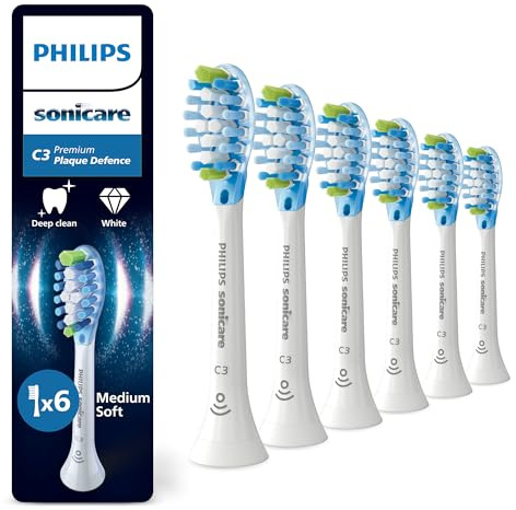 Philips Sonicare C3 Premium Plaque Defence, Genuine Replacement Toothbrush Heads, White, 6 Pack, HX9046/87