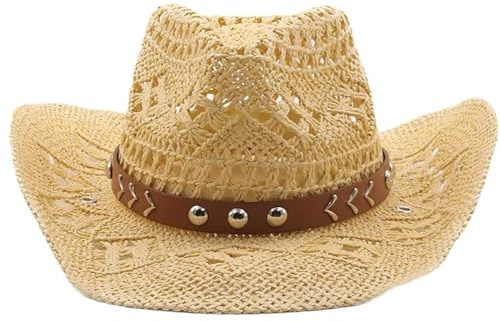 WLNEXT Sombrero de paja para vacaciones, sombrero de playa Panamá para club, carnaval, festival de música, fiesta, color camello, talla única