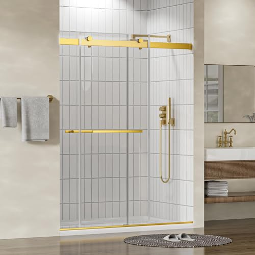 Findepot 56-60 W x 75 H Frameless Shower Door, Double Sliding Shower Door,5/16(8mm) Clear Tempered Glass,Silent Soft-Close Design,Brushed Gold