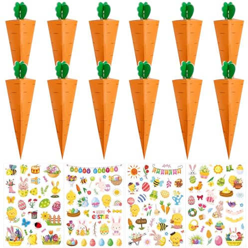 12 Stück Ostern Karotten Geschenkbox,Osternest zum Befüllen | Ostern Geschenk mit 4 Sheets Stickers,Osternester Basteln Kinder,Deko Ostergeschenke