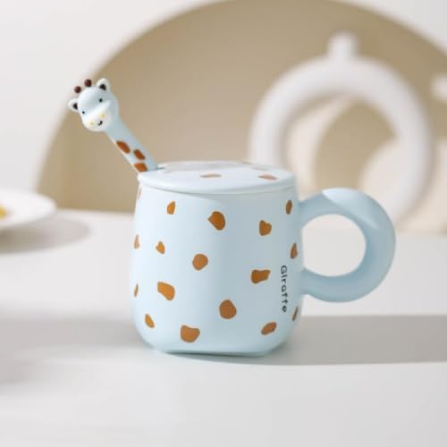 Huiyiwert Cartoon Giraffe Kaffeetasse Niediche Keramiktasse mit Deckel und Löffel Cute Giraffe Motiv Kaffeebecher Teetasse Lustige Geschenke für Kinder Mädchen Frauen Männer Freunde (Blau)