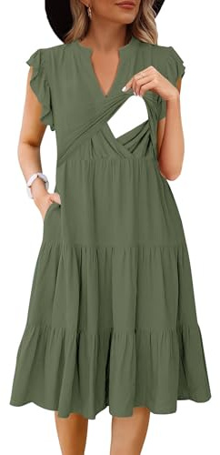CzzzyL Nursing Dress for Women Breastfeeding Babydoll Maternity Ruffle Sleeve V-Neck Flowy Swing Tiered Sundress with Pockets Knee Length(Green,Medium)