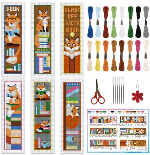 INFUNLY 6 Set Fuchs Lesen Kreuzstich Lesezeichen Kit DIY Kreuzstich Kit 8x2.4 Pre Printed Bücher gestempelt Stickerei Lesezeichen mit Anleitung Kreuzstich Kits für Anfänger Buchliebhaber Geschenke