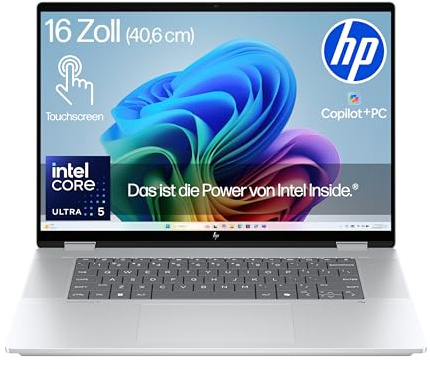 HP OmniBook X Flip NG AI Intel Core Ultra 5-226V (8C) 2in1 Laptop, Next Gen KI Copilot+ PC, 16 2K 1920 x 1200 Touchscreen, 40 NPU Tops, 16GB LPDDR5X 8533, 512 GB SSD, Win 11, QWERTZ, Silber