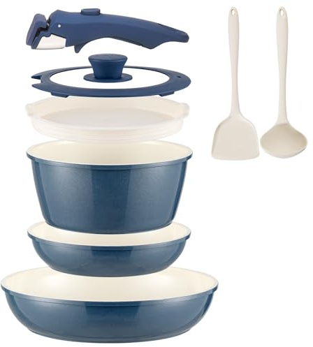 Ceramic Cookware Set Non Stick 8Pcs Pots and Pans Set Detachable Handle Induction Kitchen Cooking Set with Frying Pans Oven Dishwasher Safe, PFAS/PFOA Free, Navy