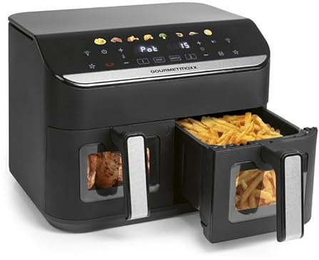 GOURMETmaxx AirGenius Heißluftfritteuse, 9 L - 2 x 4,5 L Airfryer | Fritteuse mit 8 Programmen | Heißluftfritteuse 2 Kammern - 2 Speisen gleichzeitig, für max. 8 Personen | Multi-Color Touchscreen