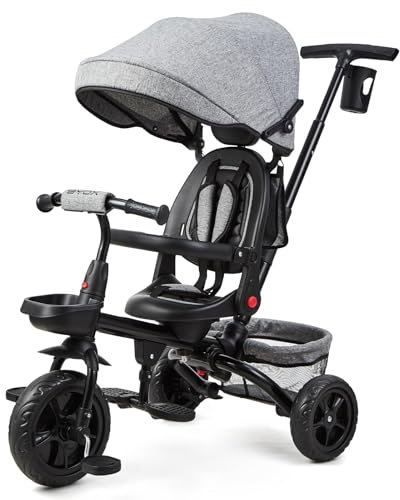 Baby Dreirad, 6 In 1 Kinderdreirad Mit Schubstange,Faltbar Kinderwagen für 18 Monaten bis 5 Jahre mit Umkehrbarem Sitz, Ausklappbarem Verdeck Mit Sonnenschutz (Grau)
