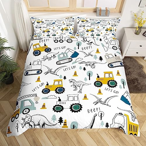 richhome Construction Bedding Set Super King Size Kids Car Excavator Tractor Toddler Comforter Cover Set Equipment Trucks Dinosaur Duvet Cover Construction Vehicles White Yellow Bedspread Cover